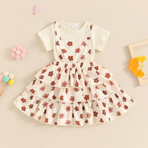 Image of Toddler Baby Girl Summer Clothes Kids Short Sleeve Solid T-Shirt Ruffle Daisy Skirts Overalls Dress Outfit 18M-6T