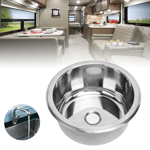 Image of 9 Inch RV Round Sink 5L Capacity Wash Basin 304 Stainless Steel RV Motor Home Sink Flush Mounted with 40mm /1.57in Drain for Rvs,Yachts, Boats, Kitchen