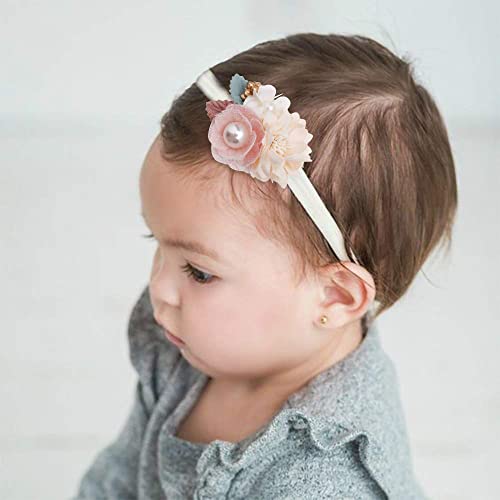 Image of BAKEFY - 3 Pcs Baby Flower Headbands Baby Girls Nylon Headbands Soft Hairbands Hair Accessories for Newborn Infant Toddler Kids(Beige Pink marron )