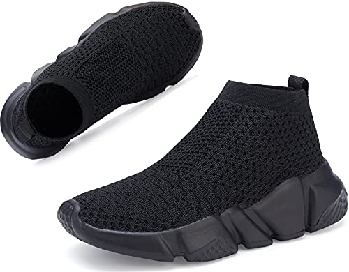 Santiro Boys Shoes Kids Running Shoes Lightweight Girl Tennis Shoes Breathable Slip On Knit Sock Sneakers All Black (Little Kid/Big Kid) 5 M Us #TOP7