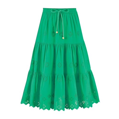 Collections Etc Women's Tiered Eyelet Detail Scalloped Border Hem Elasticized Waist Skirt Jade Medium2