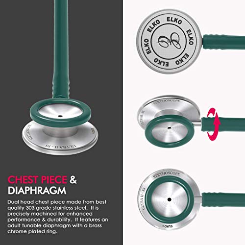 Image of ELKO EL-140 ULTRA II SS Stainless Steel Acoustic Stethoscope | For Doctors, Medical Students & Healthcare Professionals | Dual Head Chestpiece | 5.5mm Brass Pipe Frame | U-Shaped PVC Tubing (Green)