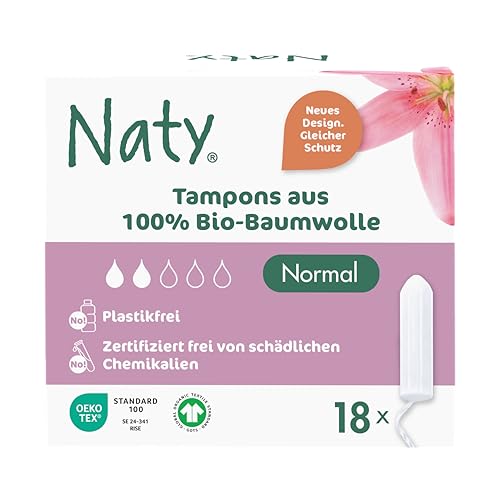 Naty Tampons Normal aus 100% Bio-Baumwolle | Frei von schädlichen Chemikalien | Plastikfrei | Ohne Duftstoffe | Hypoallergen | Gynäkologisch getestet | Natürlicher Auslaufschutz | Vegan | 18 Stück