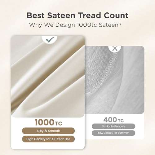 Image of Sophia & William 100% Cotton Sateen Sheet Set Queen Size 4 Piece Set Ivory | 1000 Thread Count Ultra-Soft 4 Piece Bedding, Extra Deep 16 inch Pocket Fitted Sheet Fits Most Mattresses, OEKO-TEX 100 Certified