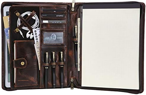 AZXCG Professional Leather Portfolio Padfolio, Zippered Business Organizer Tablet Folio Folder, for Right- or Left-Handed Business Men/Women (Custom, Dark Brown)