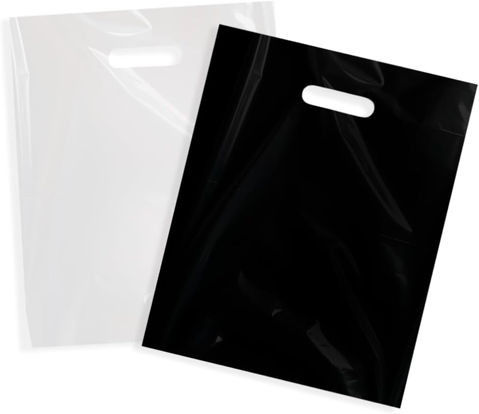 200 12" X 15" Medium Black and White Merchandise Bags, Comfortable Die Cut Handles, Premium, Strong, Durable, Tear-Resistant Glossy Bags, Perfect for Retail, Boutiques, or Any Other Events