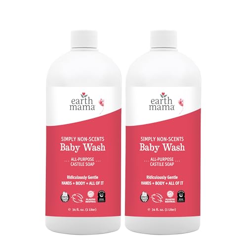 Earth Mama Simply Non-Scents Baby Wash Liquid Hand Soap Refill, Organic Body Wash for Sensitive Skin, All Purpose Castile Soap Liquid with Coconut Oil, Shea Butter, Calendula & Aloe, 34 fl oz (2-PK)