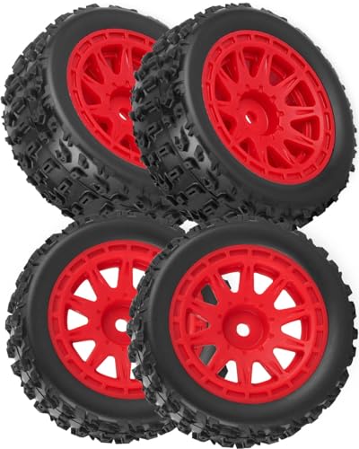 hopsupRC RC Wheels and Tires for 1/18 Typhon Grom RC Crawler Car,Pre-Glued Buggy Wheels & Rubber Tires Plastic Rim,4PCS Red