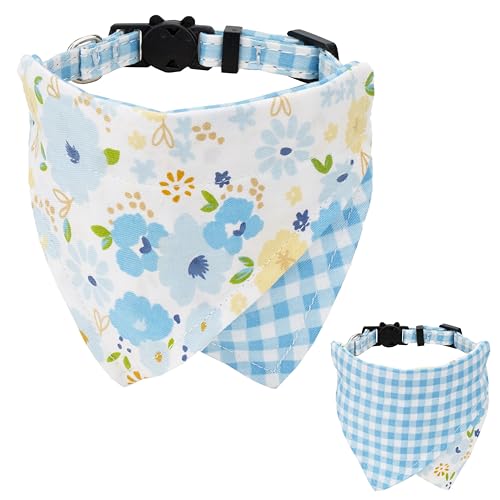 Gyapet Cat Collar with Bandana Detachable Tie Scarf Dual-Sided Floral Flower Plaid Grid Bell Safety 7-11in Blue