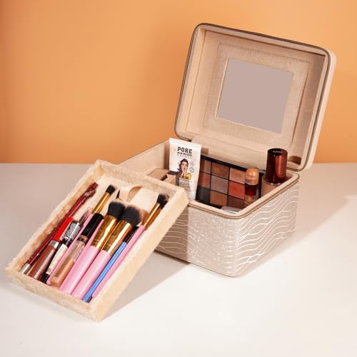 Image of Hard Craft Large Capacity Cosmetic Bags for Womens Girls Bride Multi Functional Beauty Case Wedding Makeup Jewelery Bridal Box Leather Storage Organizer Bag for Home Travel with Mirror