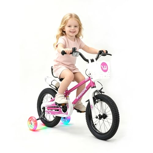 Image of WinHope 12-18 Inch Kids Bike with Light up Training Wheels for Boys Girls | Dual Brake Bicycle with Basket Adjustable Seat Water Bottle for Summer Riding Birthday Gift for Toddler 2-9 Years