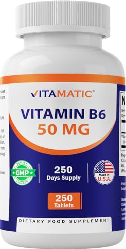 Vitamatic Vitamin B6 (Pyridoxine HCI), 50 mg 250 Vegetarian Tablets - Promotes Energy Production, boosts Metabolism and Immune Health Support