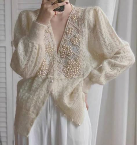 CHARTOU Women Open Front Cardigan Hollow Crochet Knit Dressy Sweater Outwear Pearls Deco2
