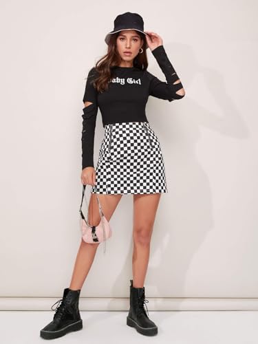 WDIRARA Women's Elegant Mid Waist Above Knee O-Ring Zipper Plaid Mini Skirt Black and White Checked XL - Thumbnail 4