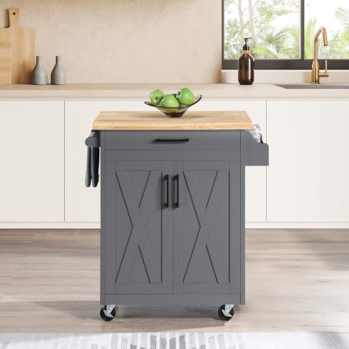 OSP Home Furnishings Bolten Farmhouse Kitchen Cart with Butcher Block Top, Rolling Island with Storage Cabinet and Drawer, 35.5H x 32W x 19D inches, Grey by OSP Home Furnishings - Image 8