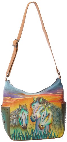 Image of Anuschka Women's Genuine Leather Shoulder Bag | Hand Painted Original Artwork | Classic Hobo With Studded Side Pockets | Genuine Leather