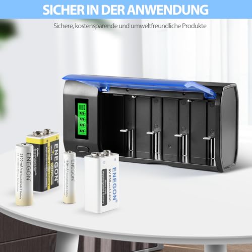 ENEGON Batterie Ladegerät–Universal Akku Ladegerät & Battery Charger für AA/AAA/C/D/9V NiMH/NiCD wiederaufladbare Batterien –mit LCD Display, Entladefunktion und 4 Ladeschächten(Kein Adapter)