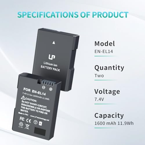 LP EN-EL14 Battery Pack, 2-Pack EN EL14a 1600mAh Battery, Compatible with Nikon D3100 D3200 D3300 D3400 D3500 D5100 D5200 D5300 D5500 D5600 DF, Coolpix P7000 P7100 P7700 P7800 Cameras and More by LP - Image 6