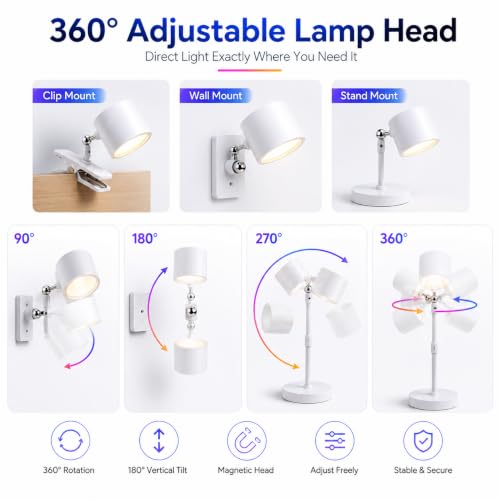 Image of 3-in-1 Rechargeable LED Table Lamp with Remote Control, Magnetic 360 Rotating Reading Light, Wall Mounted, Clip-On & Desk Lamp Up /Down Light, USB-C Cordless Bedside Study Lamp (White)