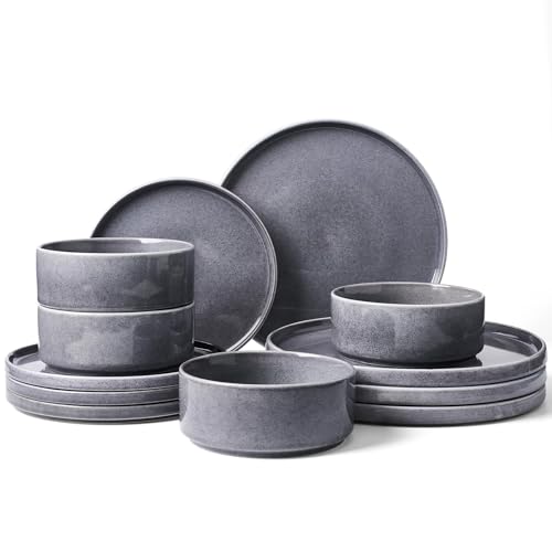 Image of Famiware Annecy 12-Piece Stoneware Dinnerware Set, Misty Blue