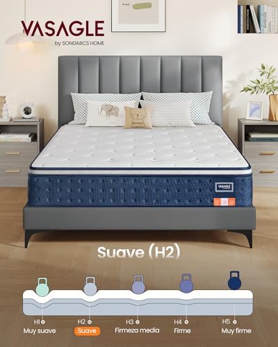 VASAGLE Colchón Individual, 90 x 190 x 25 cm, Colchón Híbrido con Muelles Ensacados, Espuma Viscoelástica con Gel, 7 Zonas de Soporte, Bordes Reforzados, Funda Transpirable, Azul RMZ221QZ02