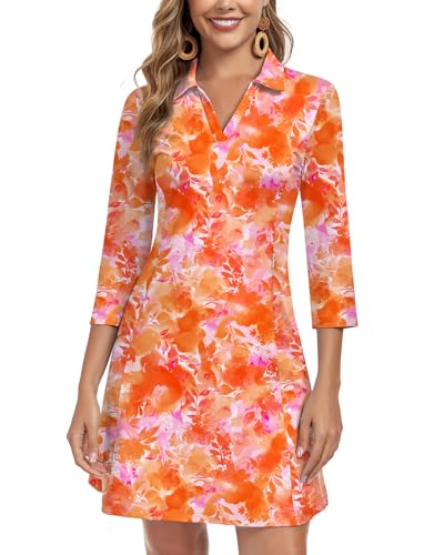 Image of WOWENY 3 /4 Sleeve Dress for Women with Pockets V Neck UPF 50+ Casual Sun Dress Breathable Quick Dry Beach Vacation