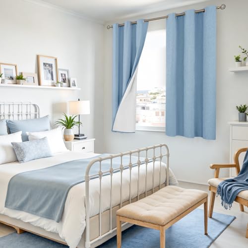 Image of YoungsTex Light Blue Linen 100% Blackout Curtains 45 Inch Length, Short Thermal Insulated Drapes with Grommet Privacy Privacy for Living Room Bedroom Window, 2 Panels, 42 X 45 Inch