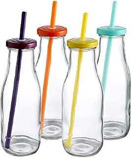 14 Oz Glass Milk Bottles with Colorful Metal Twist Lids and Straws, BPA