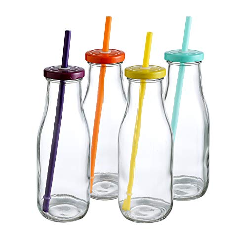 14 Oz Glass Milk Bottles with Colorful Metal Twist Lids and Straws, BPA