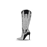 Cape Robbin Women's Knee-High Western Cowboy Boots - Wide Calf Rhinestone Stiletto Heel Dress Boots (Olkley) Blk 7.5