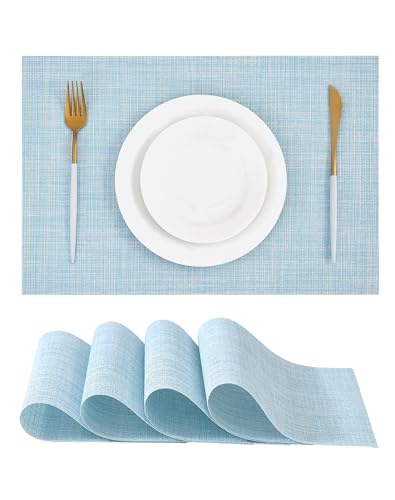 Leetaltree Soft Sky Blue Woven Placemats Set of 4 - Heat Resistant Non-Slip Place mats for Dining Table, Washable Durable PVC Vinyl Woven Table Mats(Sky Blue, 4)
