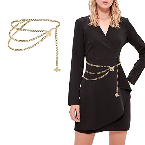 RUGUOA Damen Gürtel Kleid Taillenkette mit Schmetterlings Anhänger Metall Kettengürtel Retro Mode Waist Chain Körperkette, Gold Cover