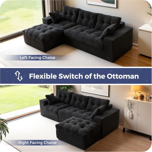 Image of MAXYOYO Boneless Couch, 104-Inch L-Shaped Cloud Couch with Ottoman | Black Upholstered Sofa Features Layered Cushions and Flexible Modules with No Assembly, Ideal for Modern Living Rooms.