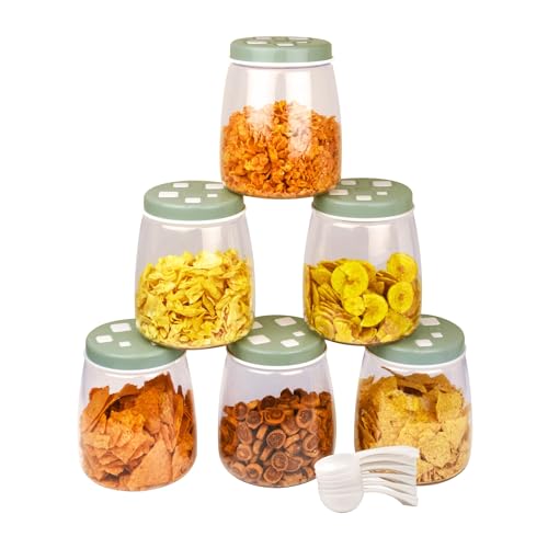 Image of FLAIR Cubics Airtight Food Storage Containers Set of 6 (1500ml each) with Spoons - Green, BPA-Free, PET Plastic Jars, Space-Saving for Pantry, Snacks
