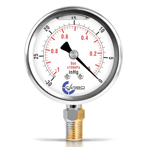 Carbo Liquid Filled Vacuum Pressure Gauge 0 to -30 inHg with NIST Traceable Certificate, Calibrated in USA Lab, 2.5" Dial, 1/4 NPT Lower Mount, ASME Grade A, 304 SS Case, Brass Wetted Parts, inHg/Bar