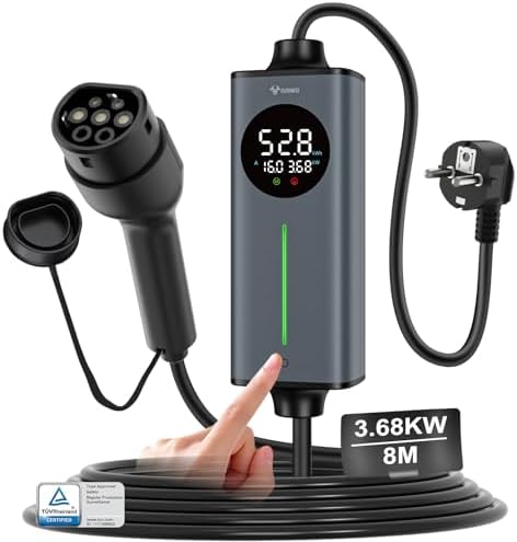 GONEO Ladekabel Elektroauto Typ 2 Schuko 16A 3,68 kW 230V 8M Mode 2 E-Auto | TÜV-zertifiziert, Temperaturschutz, Erdungserkennung, Fehlerstromschutz 30mA AC+6mA DC, Einstellbarer L