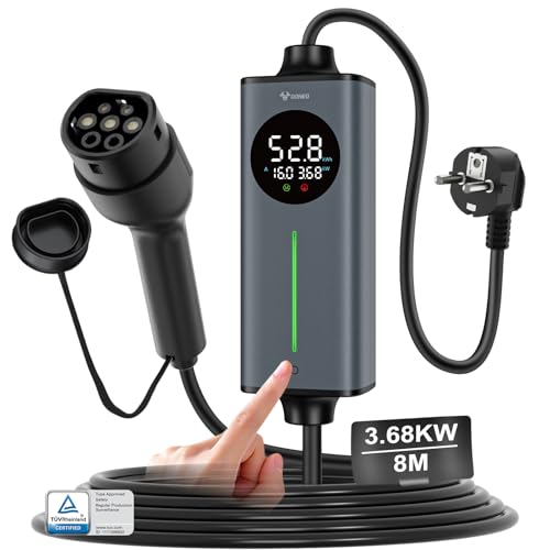 GONEO Cargador Coche electrico schuko Tipo 2 monofásico 16A 3,68kw 8M | Sensor de Temperatura y Tierra detección | AC 30mA+DC 6mA Protección | Tiempo y Corriente Ajustables,portátil estación de Carga
