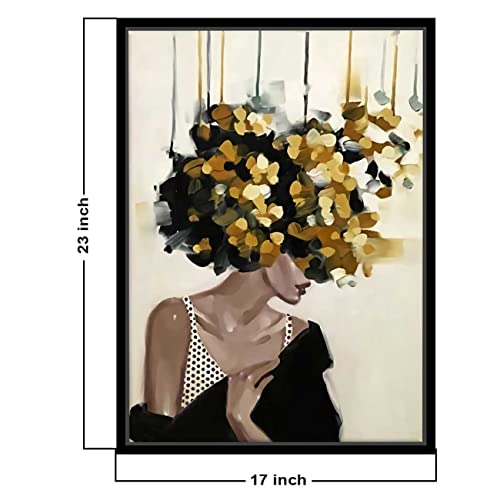 Image of PAINTINGMANTRA Mid Night Gold Girl With Flower Bouquet Black Framed Canvas Print for Wall, Home and Living Room Decoration (Size - 23 x 17 Inchs)