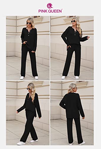 Pink Queen Women's 2 Piece Knit Sweatsuit Oversized Loose Pullover Sweater Top And Wide Leg Pants Outfit Set Black L #TOP5