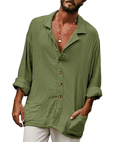 YAOHUOLE Chemise Homme Manches Longues en Coton Lin - Vert Armée - Taille L