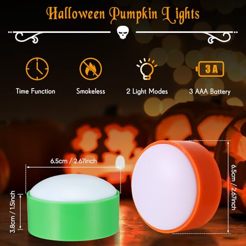 Image of Riakrum 6 Pieces Halloween Remote Timer LED Lights with Remote Summer Halloween LED Pumpkin Lights Battery Operated Lantern Bright Flameless Candle(Green, Orange, Purple)