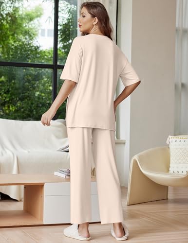Image of Ekouaer Lounge Sets for Women Short Sleeve Tops and Long Pants Soft Comfy Pajamas Set 2 Piece Outfits