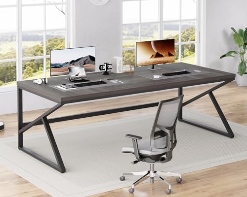 Image of HSH Extra Long Home Office Desk, Industrial Metal Wood Computer Desk, Large PC Laptop Table for Two Person Executive Writing Work Study Gaming, Bedroom Living Room Dual Monitor Desk, Dark Gray,78 Inch