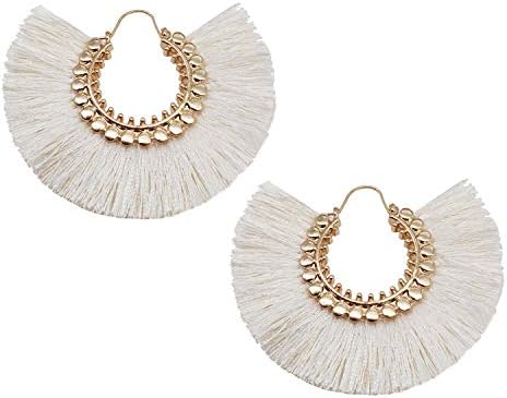 Tassel Hoop Earring, Statement Thread Dangle Earrings Stylish Long Fringe Drop Earrings Lightweight Long Swingy French Hook Earrings for Women Girls (White 1)