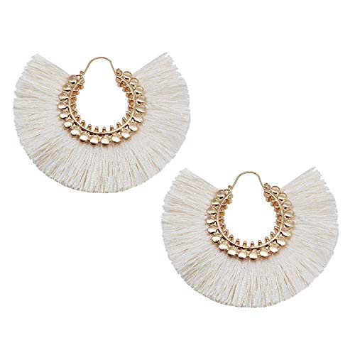 Tassel Hoop Earring, Statement Thread Dangle Earrings Stylish Long Fringe Drop Earrings Lightweight Long Swingy French Hook Earrings For Women Girls (White 1) #TOP2