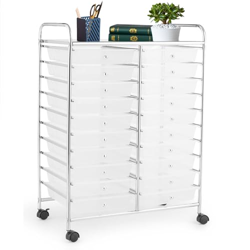 SILKYDRY 20 Drawer Rolling Storage Cart, Art Cart Organizer with Wheels for Makeup, Tool, Paper, Multipurpose Craft Storage Cart with Drawers for Office, Home, Classroom, Teacher, School (Clear)