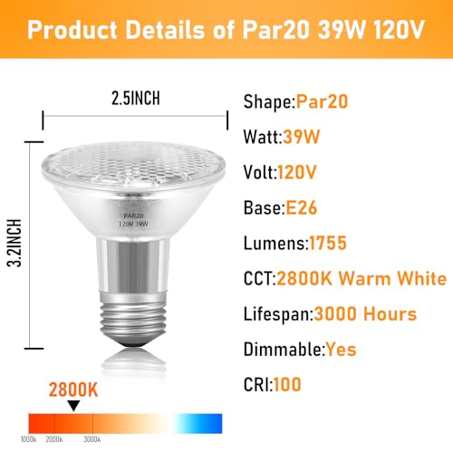 PAR20 39W 120V Floodlight Bulbs, 2 Pack PAR20 39 Watt ECO Halogen Light Bulbs E26 120V Reflector Dmimable Warm White 2800K for Track Lighting & Hood Range Light Bulbs, 4-in Recessed Can