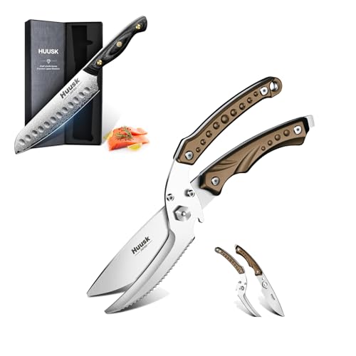 Huusk Poultry Shears Damascus Santoku Knife 7 inch Heavy Duty Kitchen Scissors All Purpose for Food Detachable Meat Cutting Scissor Japanese Knife with Sharp Edge and Wooden Handle