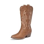 DREAM PAIRS Women's Cowboy Cowgirl Boots Embroidered Pointed Toe Low Heel Western Mid Calf Boot for Theme Party Country Concert,Size 5,Brown,DWUMMB2503