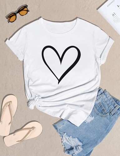 heekpek Femme T Shirt Blanc Chic T Shirts Col Rond Haut Manches Courtes Ete T Shirt Coton Tee Shirt Imprimé pour Femmes Files, Amour, L – vue 3